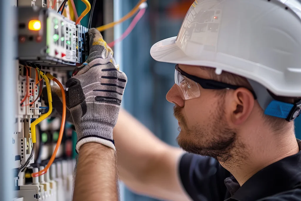 A male electrical engineer or technician wearing a hard hat, safety glasses, and gloves works on a circuit board.