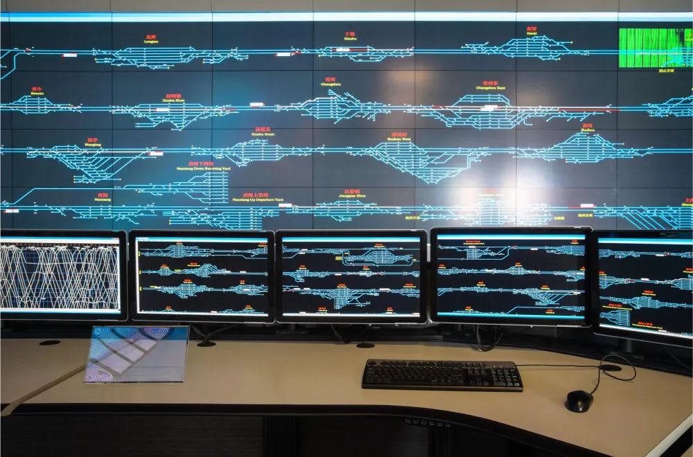 Railway system interface monitoring train routes, switches, and signal data.