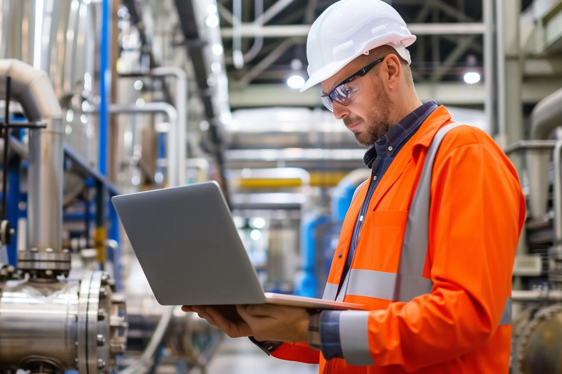 An industrial engineer wearing a hard hat, safety glasses, and a high-visibility vest uses a laptop to monitor factory operations.