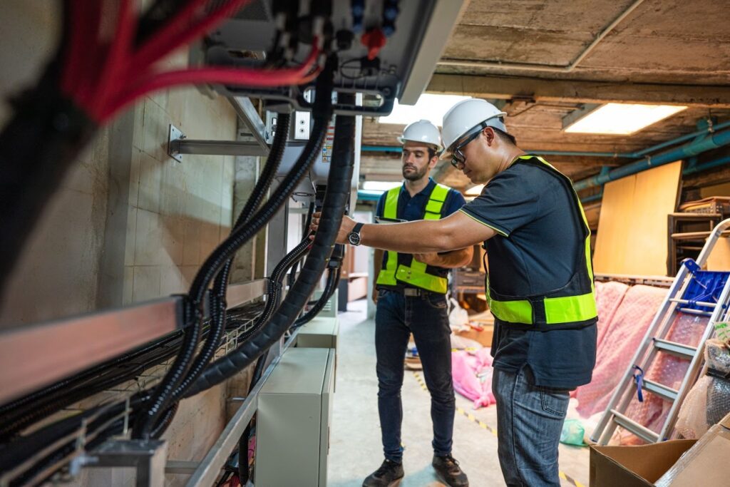 Two industrial electricians service a large control room.