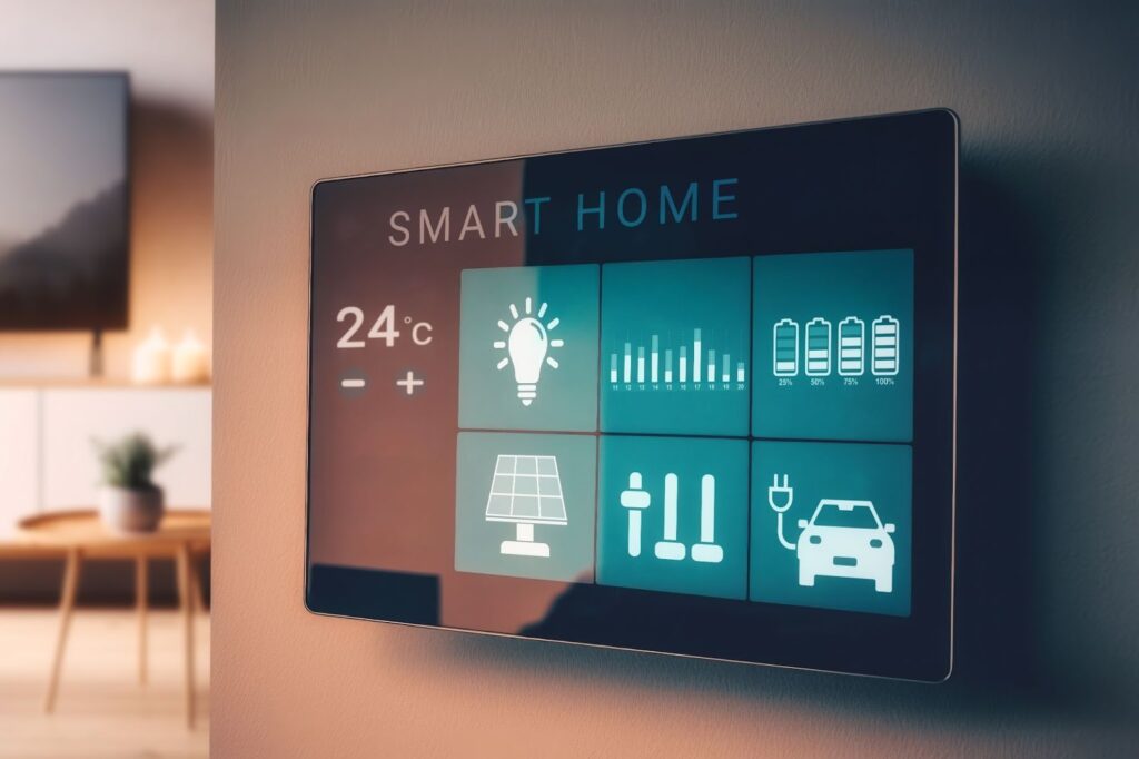 Smart home control screen displayed in a modern living room.