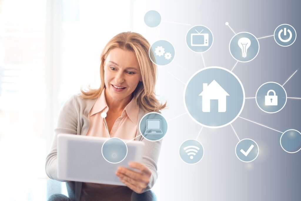 Blonde woman interacting with smart home controls on a digital tablet.