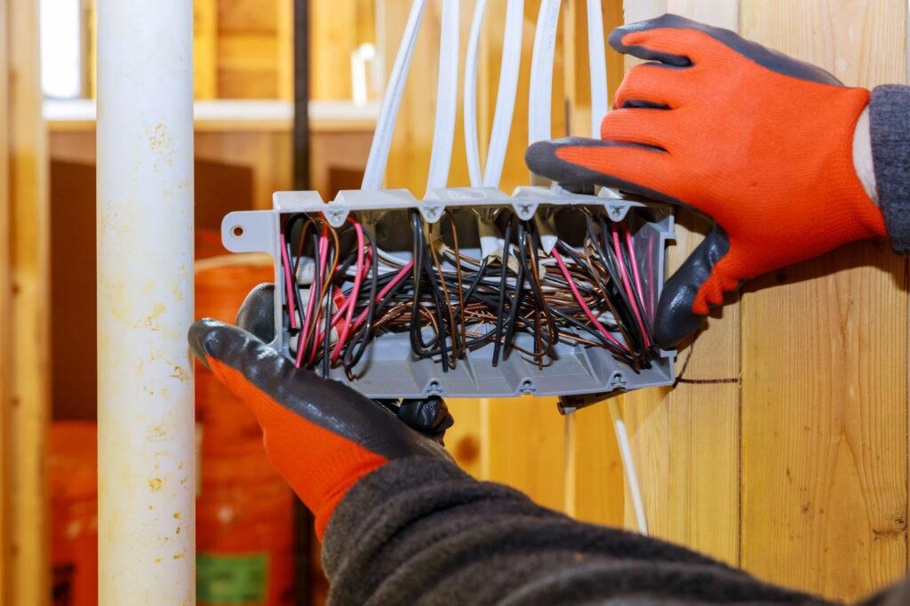 an electrician’s gloved hands connecting electrical wires.