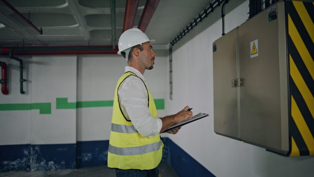 A commercial electrician reviewing transformer components and recording notes during an inspection.