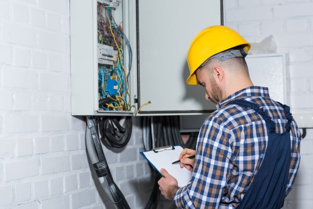 Licensed electrician checking wires in a home electrical box during a safety inspection.