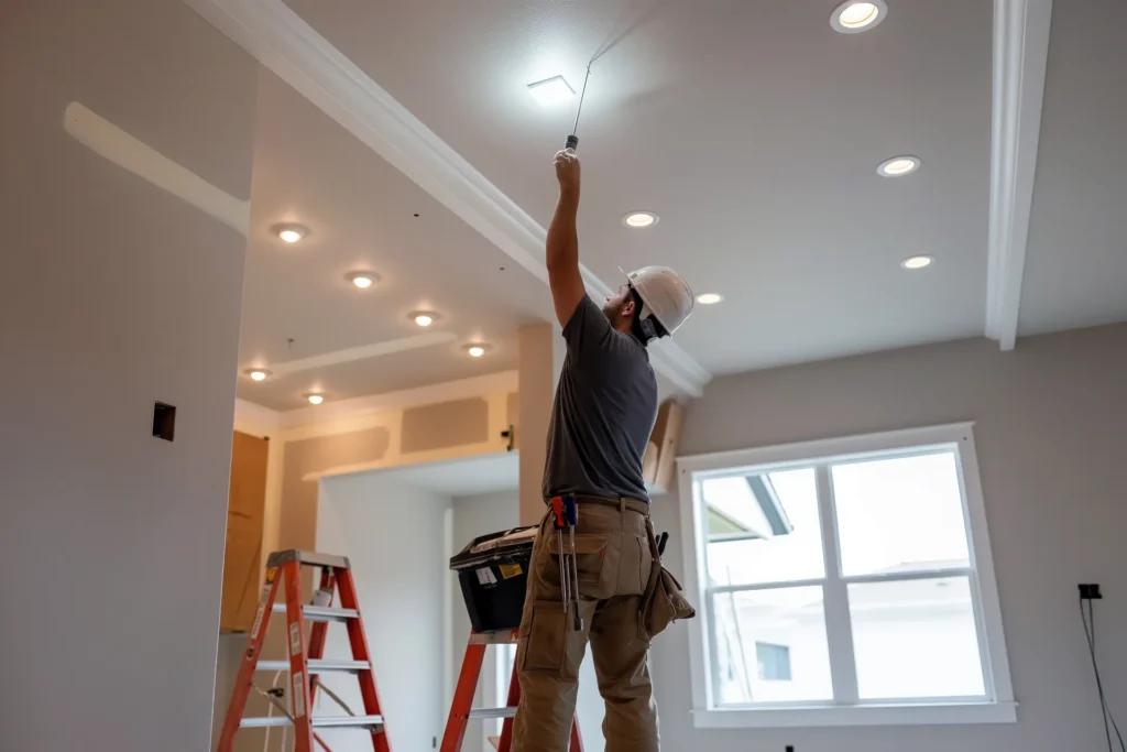 A residential electrician or handyman in a hard hat installs a new recessed light fixture in a ceiling.