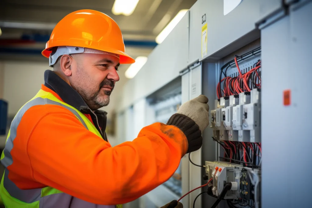 An electrician wearing a hard hat and safety vest works on a fuse box, checking the wiring and circuits.
