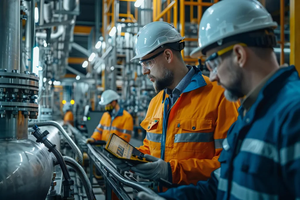 Two male factory engineers or supervisors, wearing hard hats and safety gear, inspect machinery and discuss a control panel.