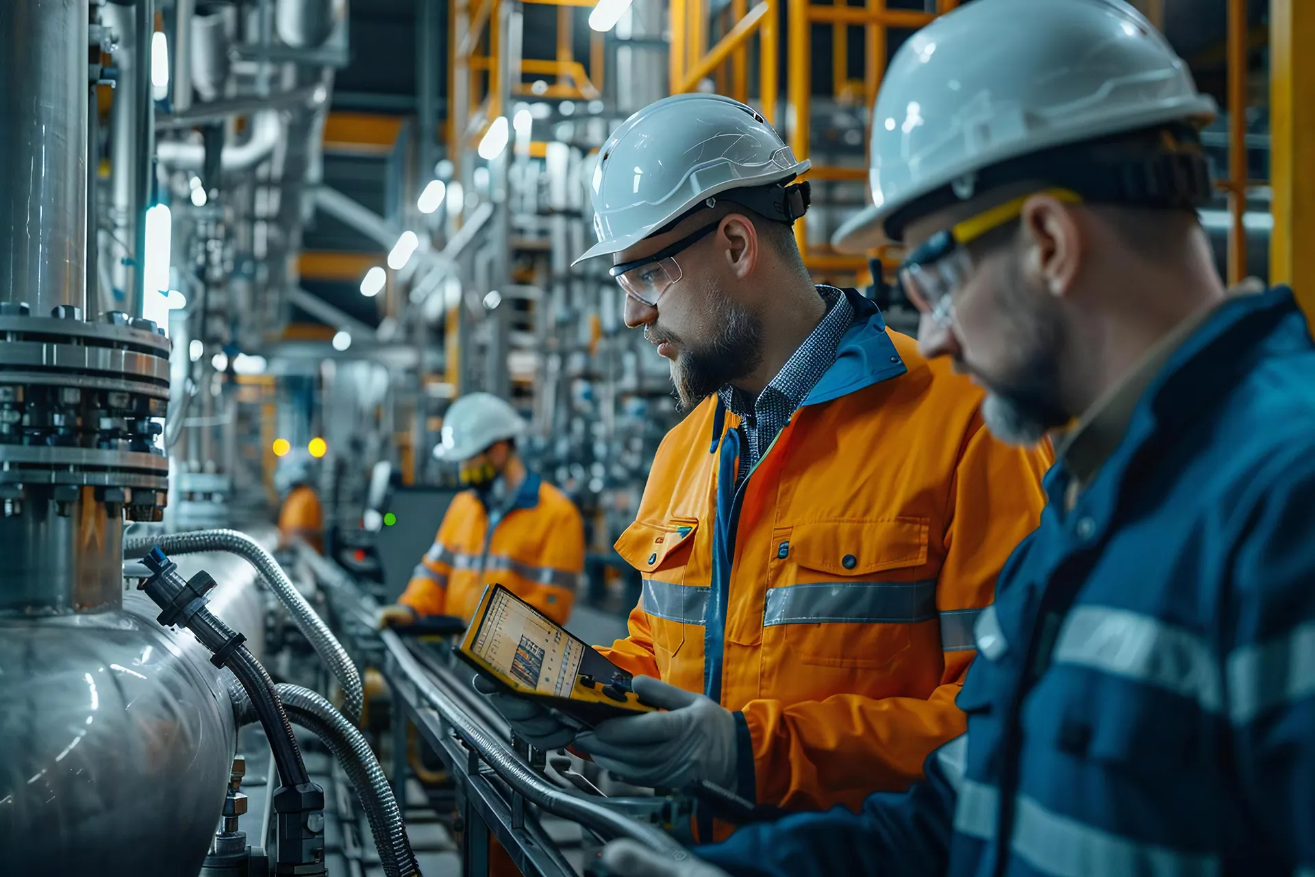 Two male factory engineers or supervisors, wearing hard hats and safety gear, inspect machinery and discuss a control panel.