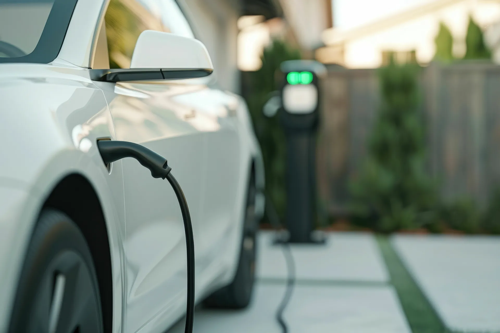 A white electric vehicle is plugged into a charging station at a residential home.
