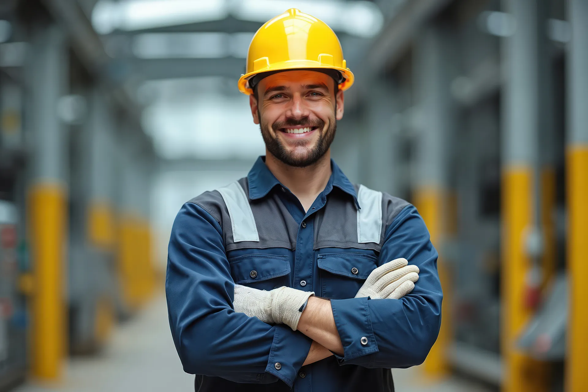 Happy male electrician in a yellow hard hat and work gloves, smiling with arms crossed