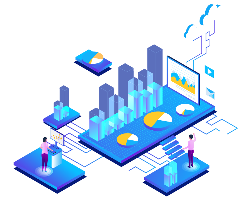 Isometric illustration of a data analysis dashboard with charts, graphs, and people interacting with the data