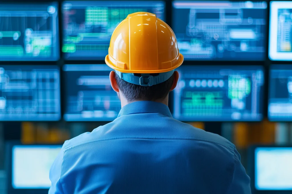 An industrial engineer or technician from behind, wearing a hard hat, monitors multiple screens showing data and schematics.