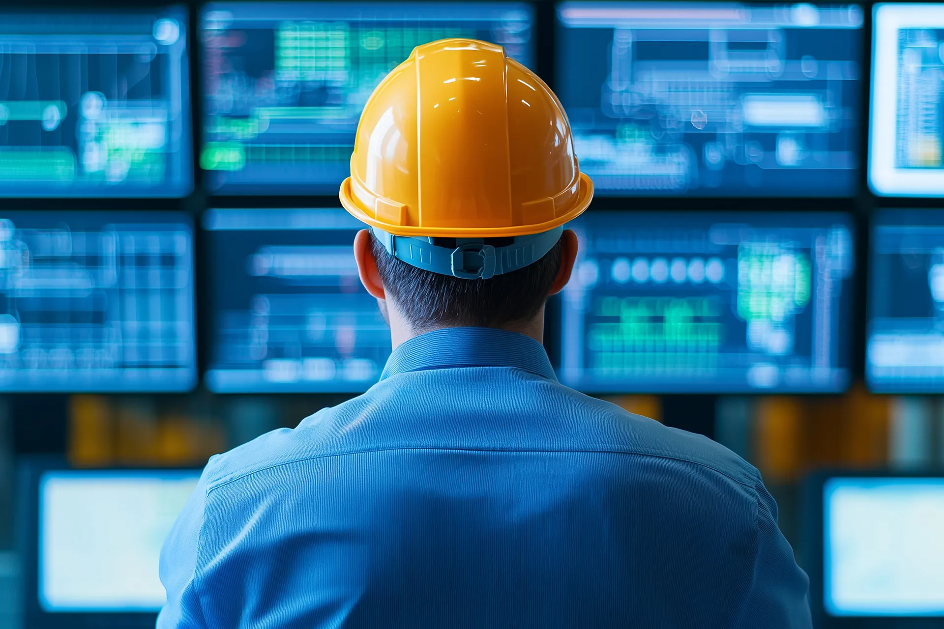 An industrial engineer or technician from behind, wearing a hard hat, monitors multiple screens showing data and schematics.