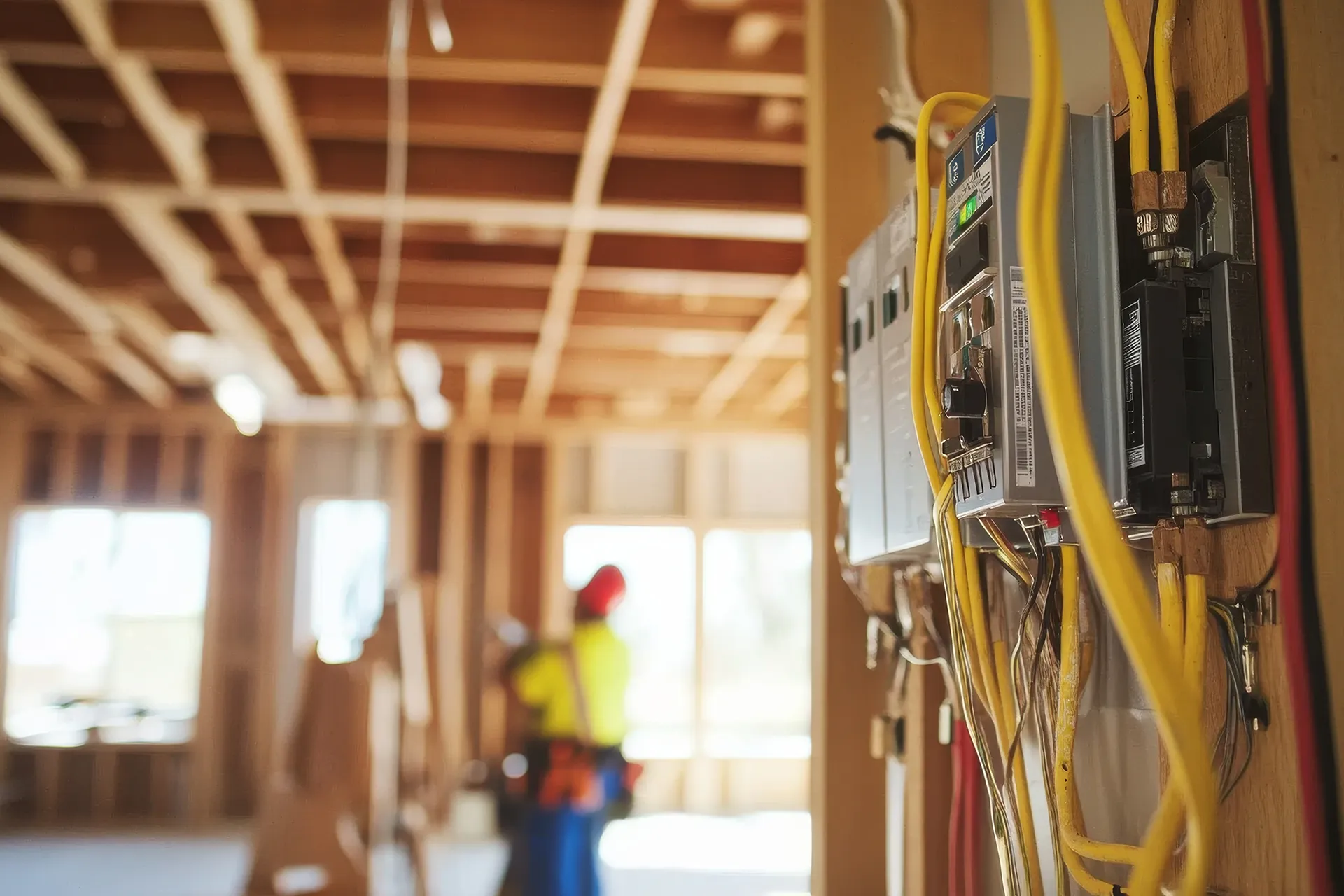 A close-up of a new electrical panel with wires and conduits installed on a wooden stud wall during a home or building construction.