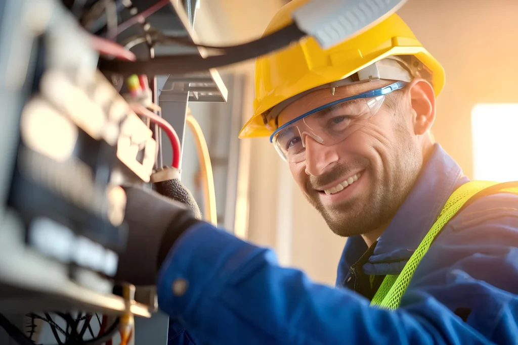 Smiling electrician wearing a yellow hard hat and safety glasses, working on an electrical panel