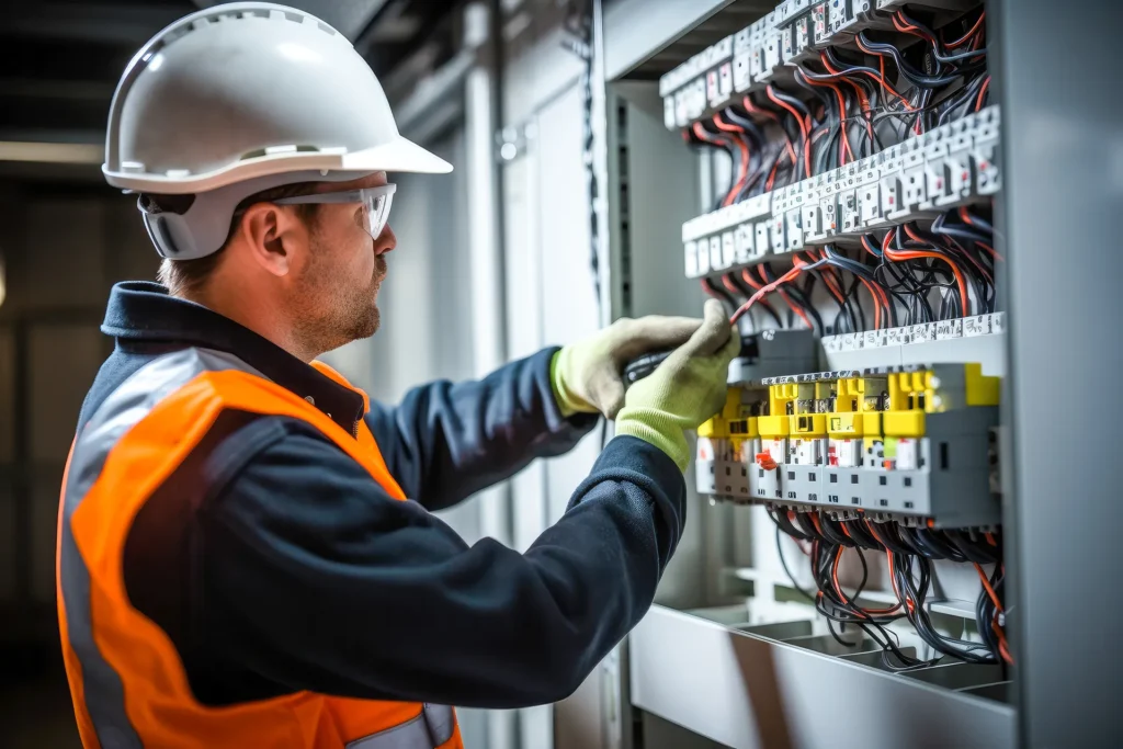 Male technician in a white hard hat and safety vest, connecting wires in a server room or electrical panel