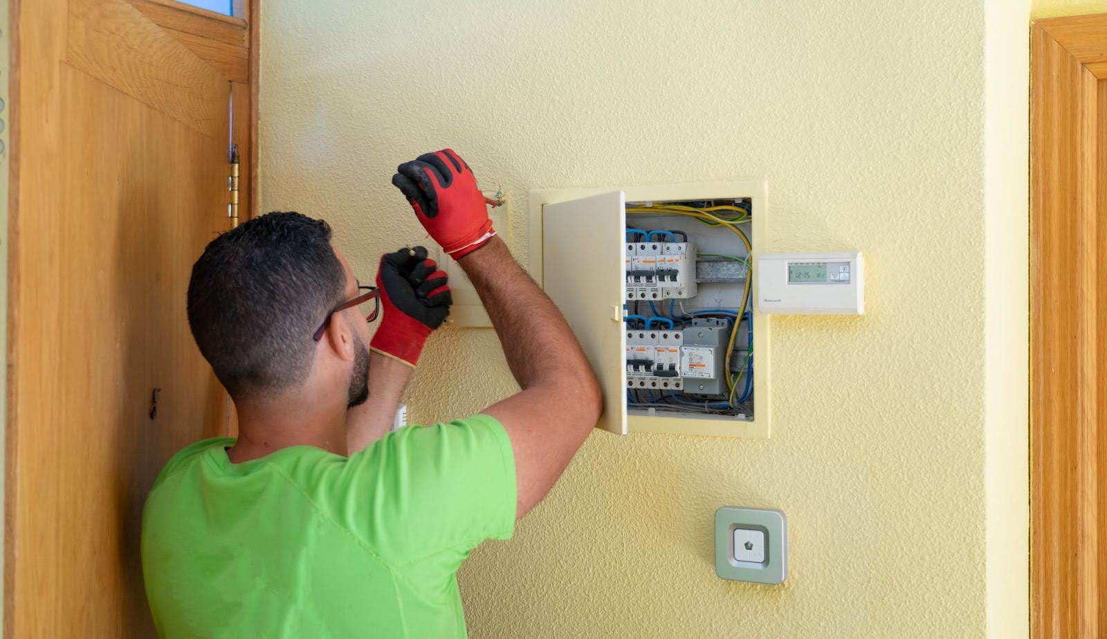A licensed electrician installing a residential circuit breaker panel inside a home.