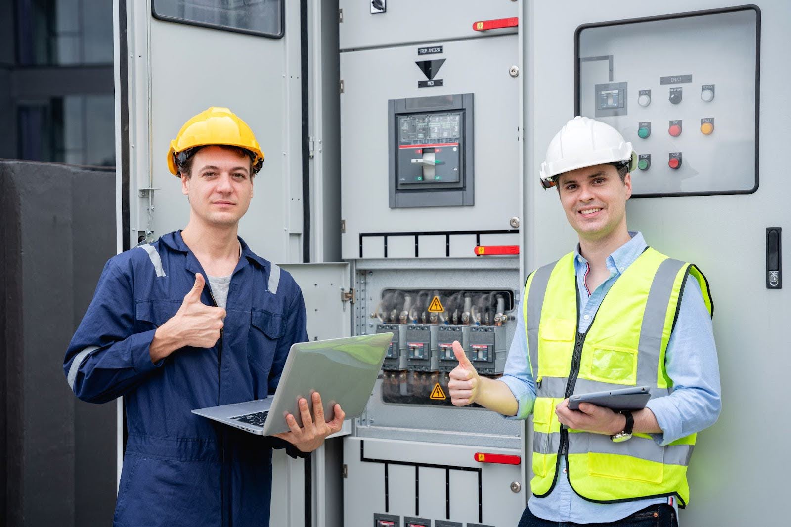 Two engineers inspecting an electrical switchboard and verifying the operational voltage range.