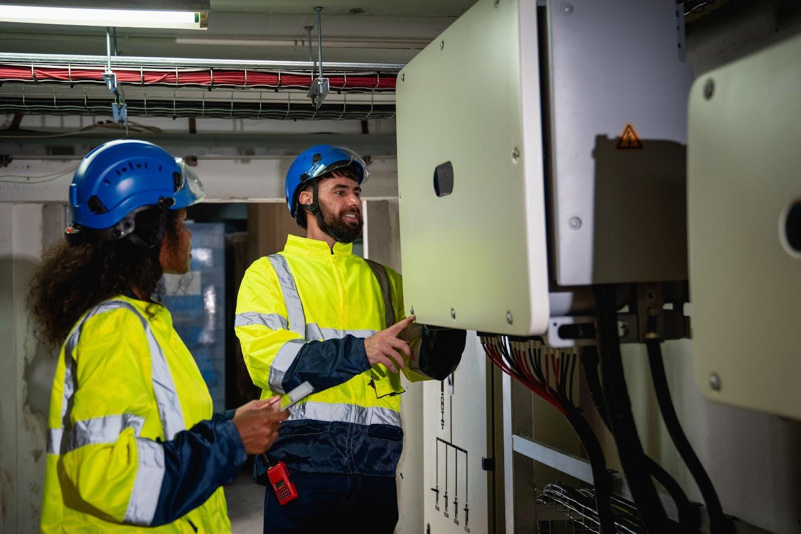 Two electricians work on a large junction box.
