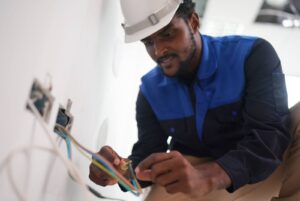 A residential electrician wires an outlet box in a home.