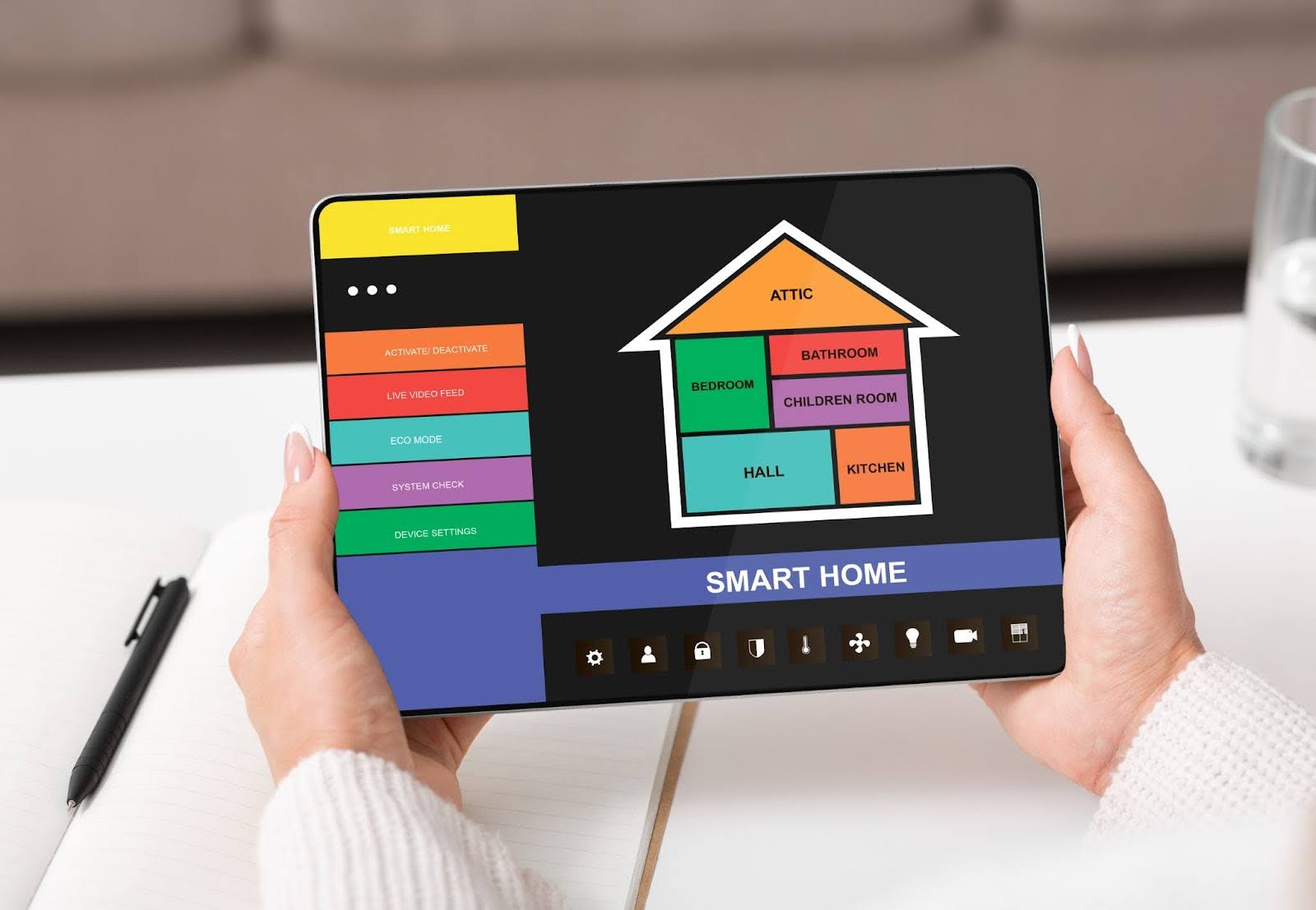 Smart home technology interface showing a home button with surrounding app icons for connected devices.